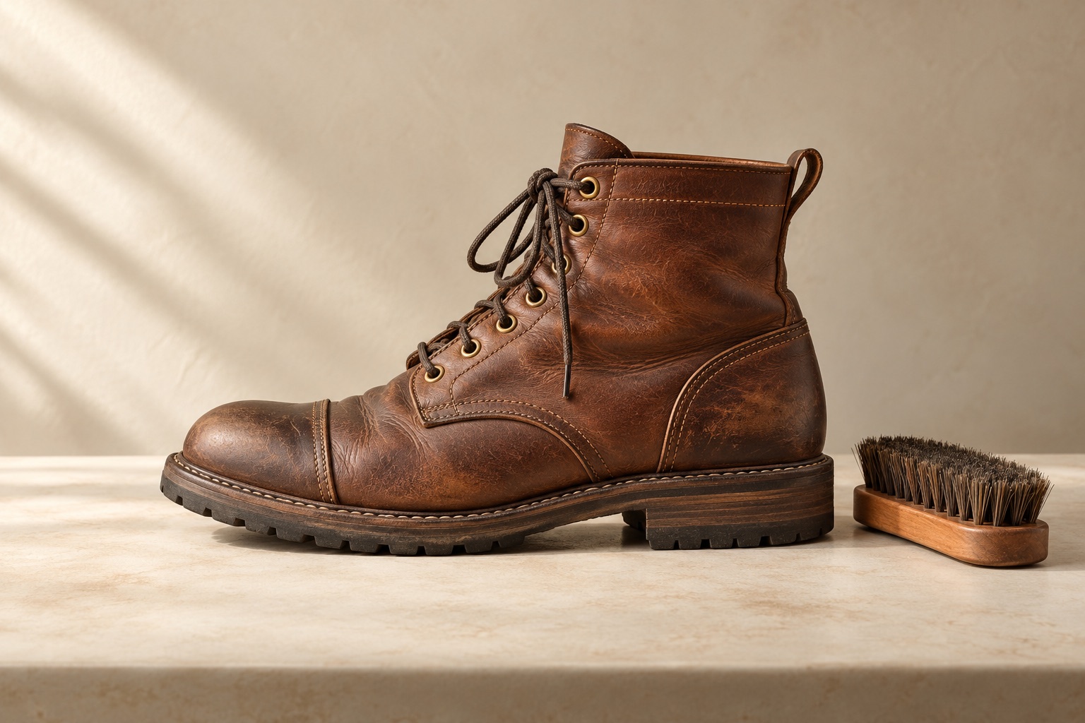 Illustrative brown leather work boot and shoe brush on a warm studio surface